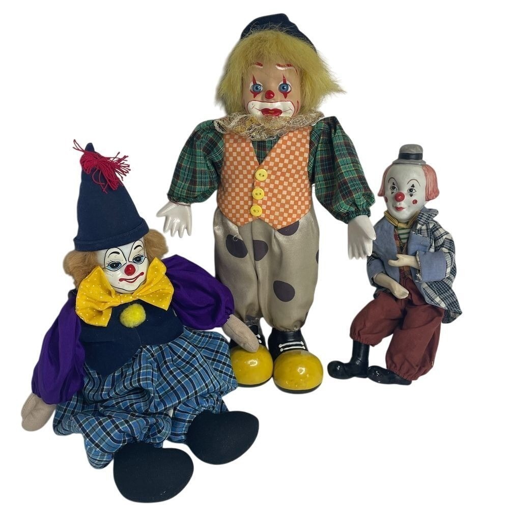 VTG Decorative Clown Dolls Set of‎ 3 Circus Porcelain Face Collectibles Creepy